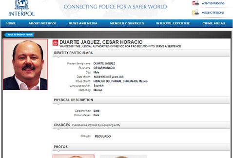Publica Interpol ficha roja contra César Duarte