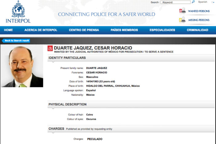 Interpol atiende petición de PGR y emite ficha roja contra César Duarte