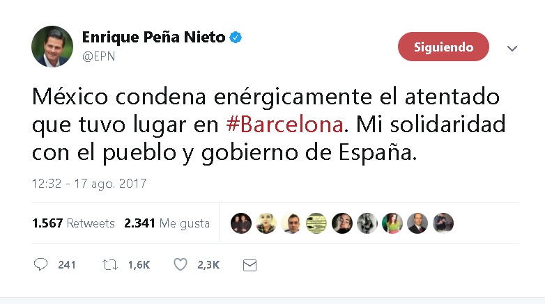 Peña Nieto condena atentado terrorista en Barcelona