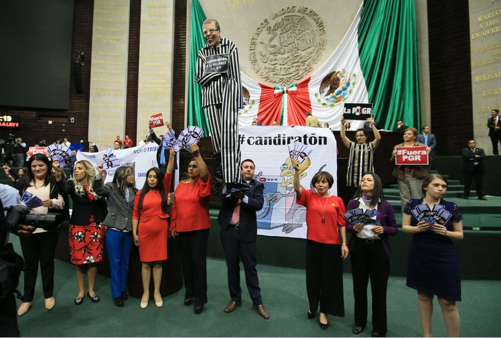 Con mantas y marioneta, priistas protestan en San Lázaro contra Ricardo Anaya