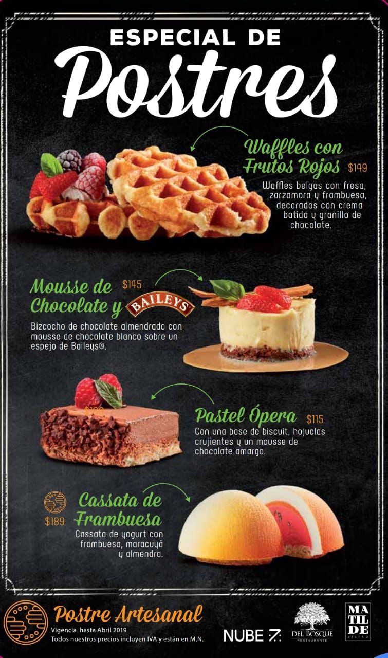 Nube 7, Del Bosque Restaurante y Matilde Bistró Presentan su Especial de Postres