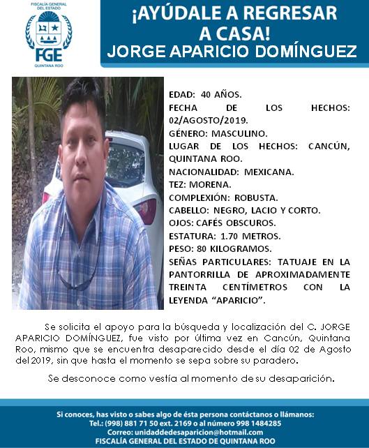 Sigue desaparecido Jorge Aparicio Domínguez, agente ministerial de QR