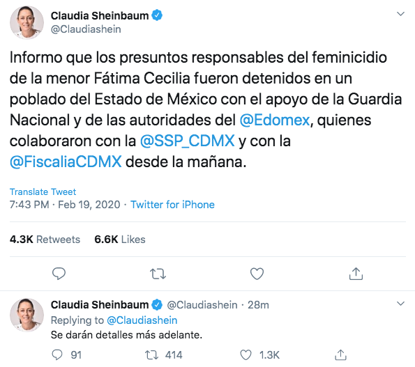 Informa Claudia Sheinbaum la detención de los presuntos responsables del feminicidio de la menor Fátima Cecilia