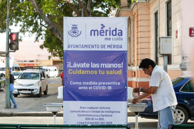 Instalan lavamanos y túneles de sanitización en Centro Histórico de Mérida