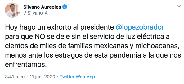 Gobernador de Michoacán pide a AMLO no cortar servicio de luz como apoyo por la pandemia 