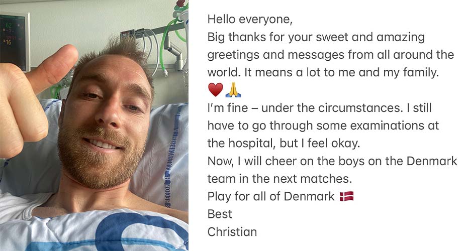 Envía mensaje desde el hospital el futbolista danés Christian Eriksen