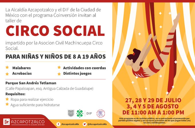 Azcapotzalco invita al taller infantil y juvenil de Circo Social