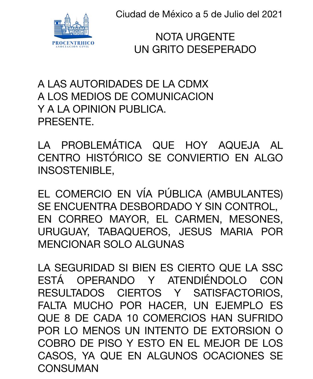 Los problemas en el Centro Histórico de la CDMX se han vuelto insostenibles: Procentrhico