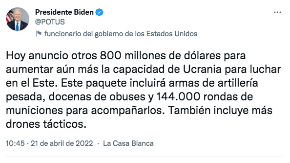 Joe Biden anuncia otros 800 mdd en ayuda militar para Ucrania