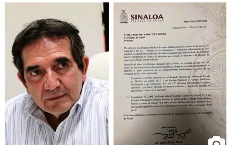 Destituye al secretario de Salud de Sinaloa por no retirar demandas contra periodistas