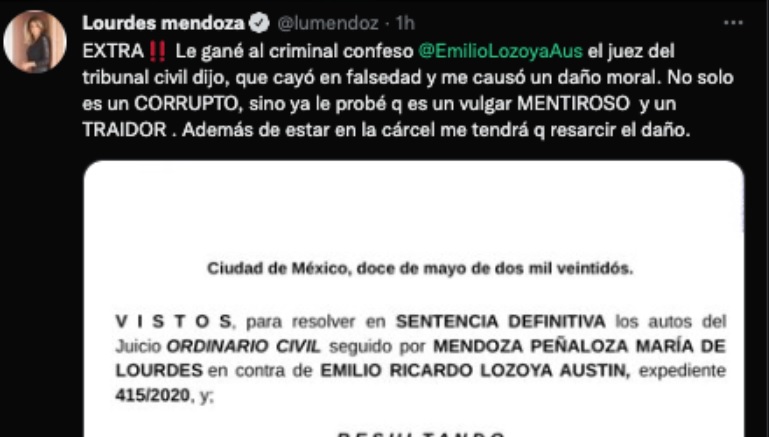 Lourdes Mendoza gana batalla legal contra Emilio Lozoya