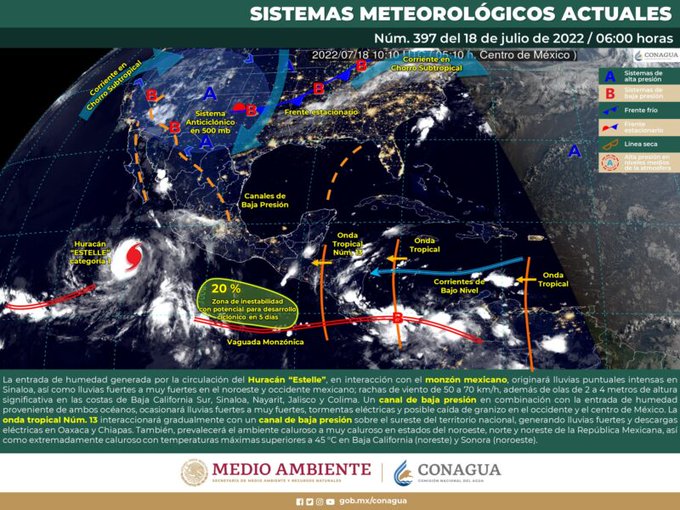 Huracán 'Estelle' provocará lluvias intensas para Sinaloa