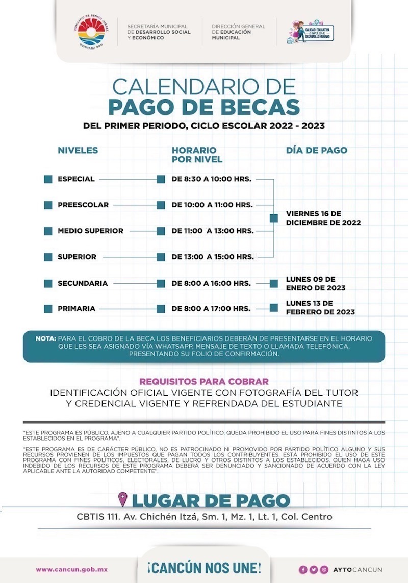 Anuncian calendario de primer pago de becas para Ciclo 2022-2023