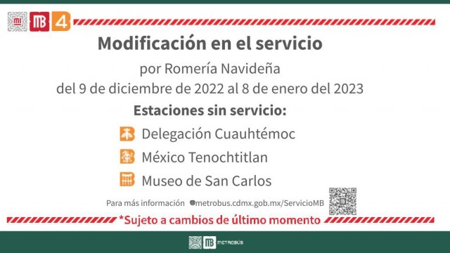 Informa Metrobús modificaciones en rutas de Línea 4 por romería en Alcaldía Cuauhtémoc