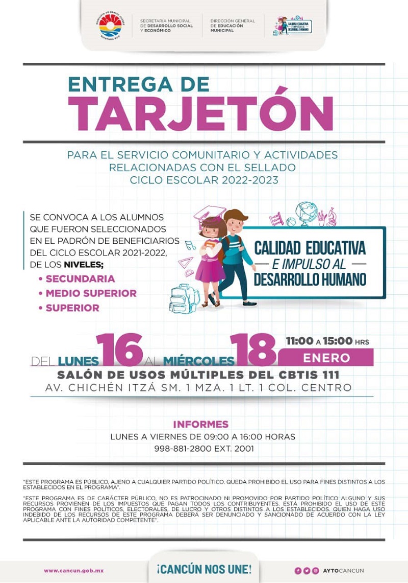 Invitan a los beneficiarios de becas municipales a entrega de tarjetón de servicio comunitario