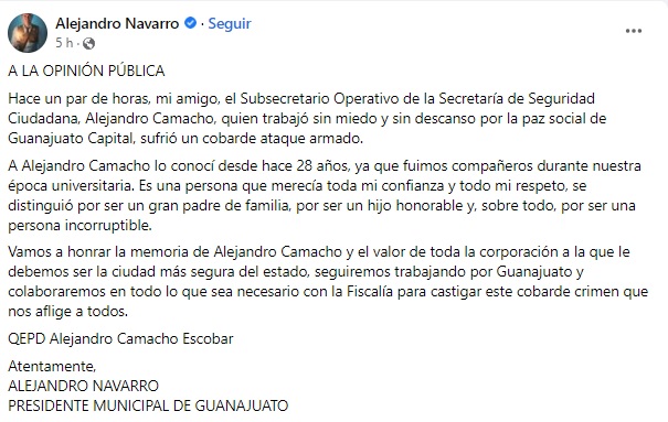 Asesinan a balazos a Jesús Alejandro Camacho, mando policíaco de Guanajuato