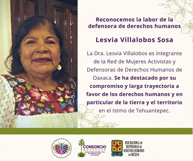 Reconocen a Lesvia Villalobos por su labor de defensora de la tierra y el territorio