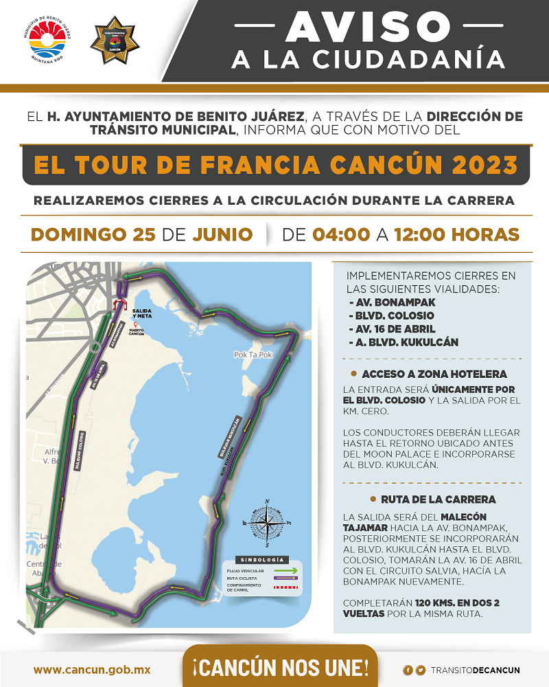 Previenen cierres viales por Tour de Francia Cancún 2023