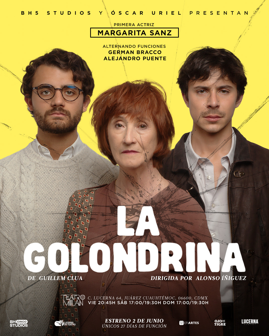 Margarita Sanz, Germán Bracco y Alejandro Puente en “La Golondrina”, producción de BH5 Studios y Óscar Uriel