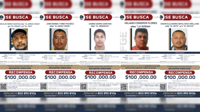 Ofrece fiscalía de Michoacán recompensa por once líderes criminales