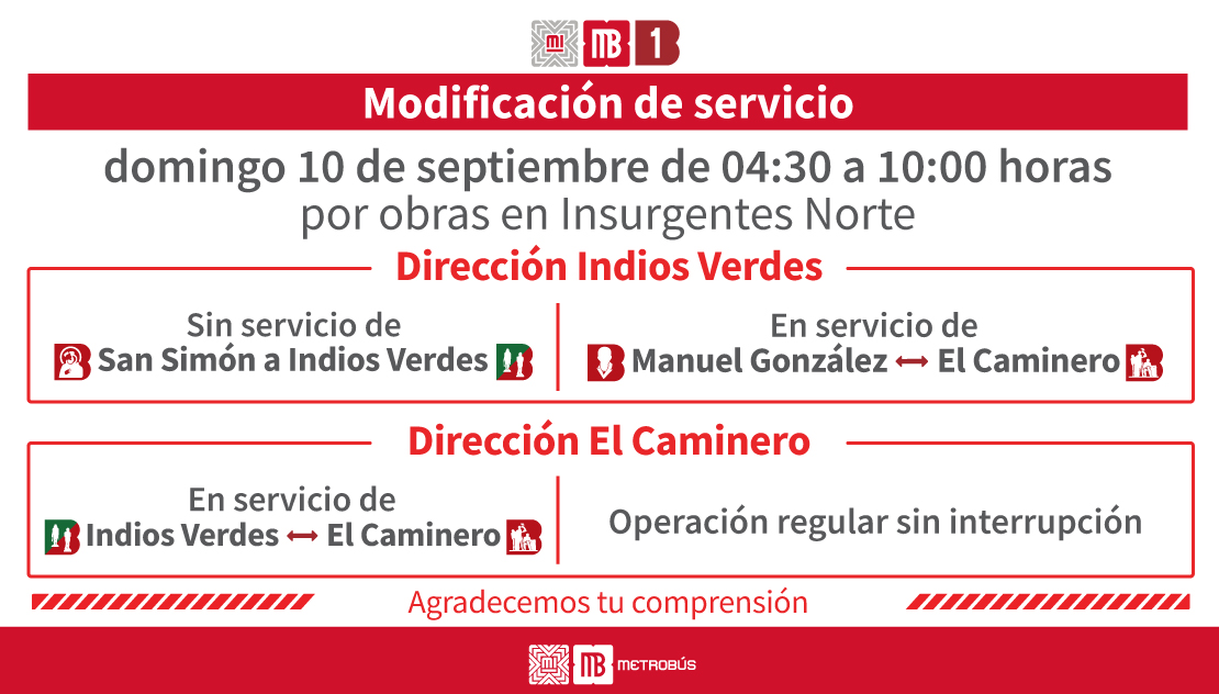 Este 10 de septiembre, Línea 1 del Metrobús no tendrá servicio por obras en Insurgentes Norte