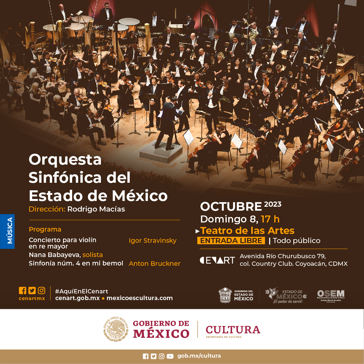 Con obras de Stravinsky y Bruckner, la Orquesta Sinfónica del Estado de México regresa al Centro Nacional de las Artes