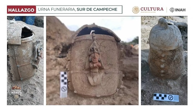 Hallan urna funeraria con imagen del Dios del Maíz en obras del Tren Maya