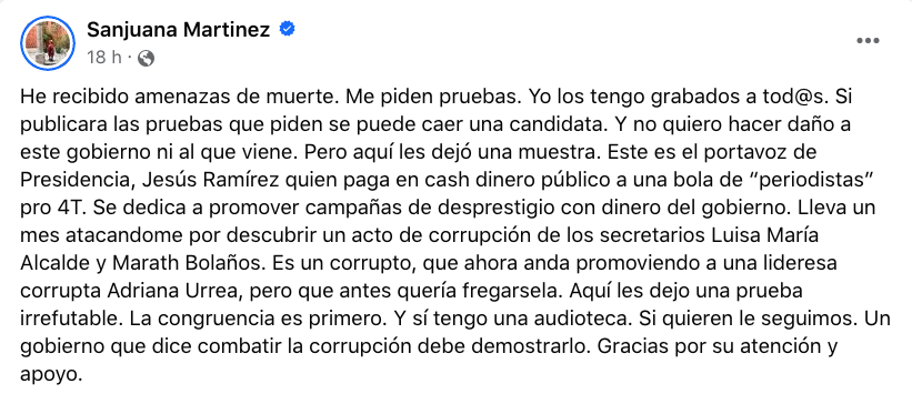 Sanjuana Martínez exhibe a vocero presidencial y lanza advertencia: “los tengo grabados a todos” 