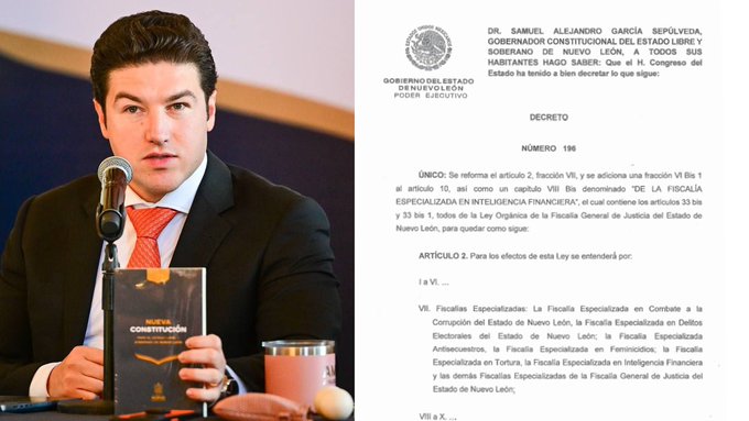 Samuel García publica decreto para que Unidad de Inteligencia Financiera pase a la Fiscalía de NL