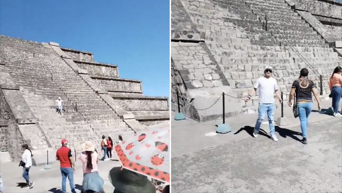 Turista escala pirámide de Teotihuacán