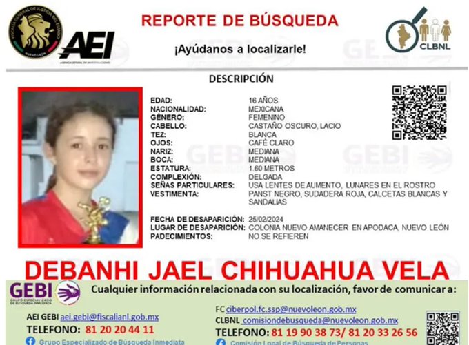 Desaparece Debanhi Jael en Nuevo León; tiene 16 años