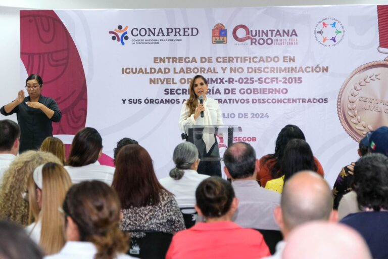 Gobernadora Mara Lezama entrega certificación de igualdad laboral y no discriminación a la SEGOB de Quintana Roo
