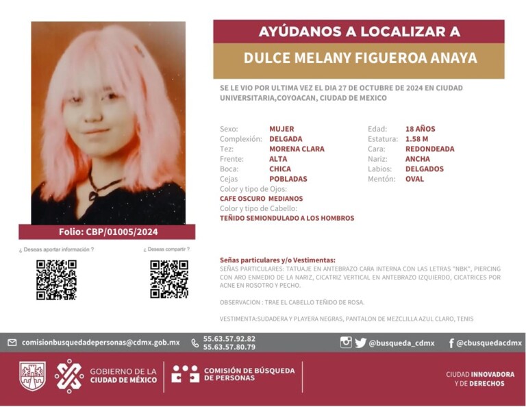 Solicitan ayuda urgente para localizar a Dulce Melany Figueroa, desaparecida en la CDMX