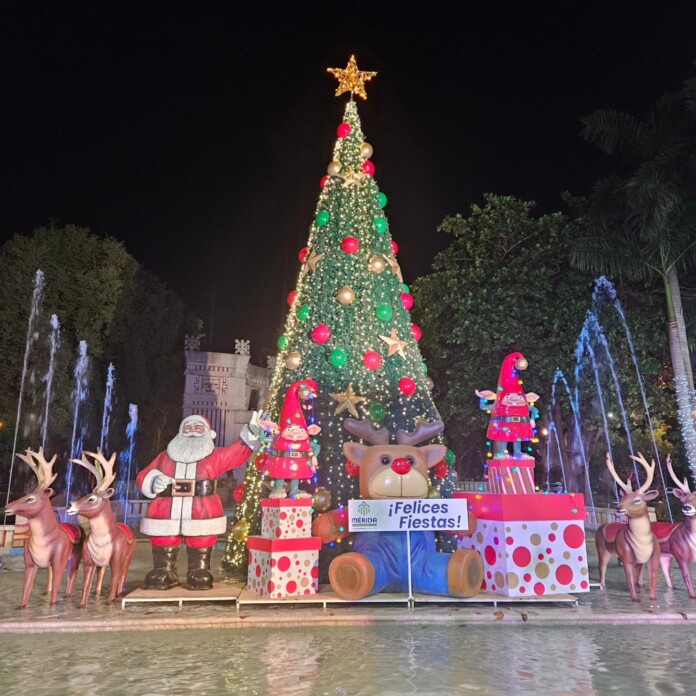 encienden árbol navideño en el Remate del Paseo de Montejo