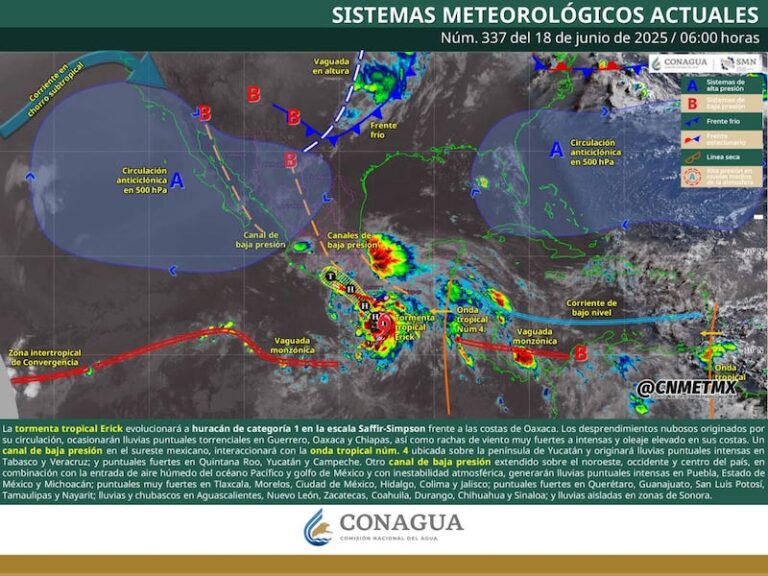 Conagua prevé que Erick evolucione a huracán de categoría 1 en la escala Saffir-Simpson frente a las costas de Oaxaca