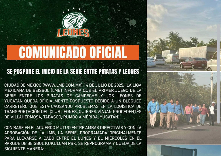 Posponen inicio de la serie entre Piratas de Campeche y Leones de Yucatán por bloqueo carretero