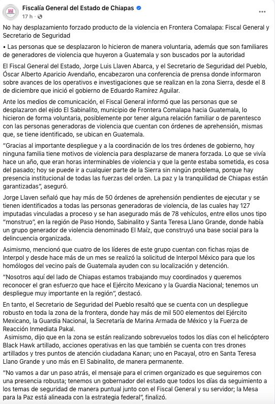 Gobernador y Fiscalía estatal rechazan desplazamiento forzado en Chiapas