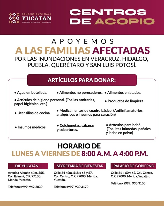 Gobierno de Yucatán instala centros de acopio para ayudar a damnificados